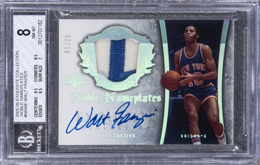 2005-06 UD "Exquisite Collection" Noble Nameplates #NNWF Walt Frazier Signed Game Used Patch Card (#01/25) - BGS NM-MT 8/BGS 10